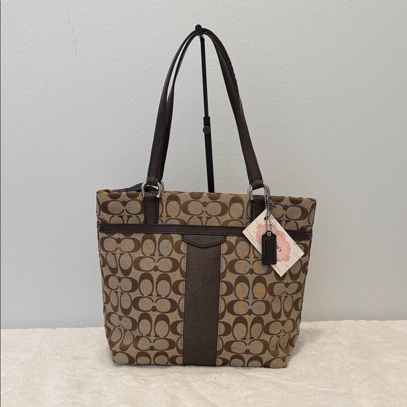 Coach Handbags - Coach Signature C Coated Cotton Patent Leather Tan and Brown Signature Tote